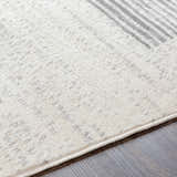 Close up of the Westcourt Area Rug showing its geometric pattern and soft gray and ivory tones. Texture