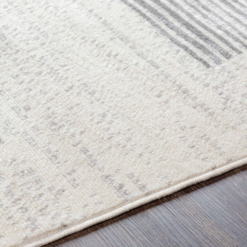 Close up of the Westcourt Area Rug showing its geometric pattern and soft gray and ivory tones. Texture