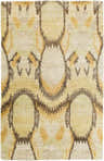 Close-up of Westhoff Jute Area Rug. Beige rug with dark red, mustard, and olive geometric pattern. Hand-knotted texture. Design-Rectangle-58