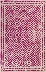 Close-up of the Westhill Area Carpet. Fuchsia diamond pattern on light beige wool. Hand-knotted farmhouse rug. Design-Rectangle-58