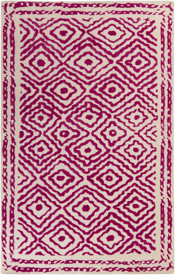 Close-up of the Westhill Area Carpet. Fuchsia diamond pattern on light beige wool. Hand-knotted farmhouse rug. Design-Rectangle-58