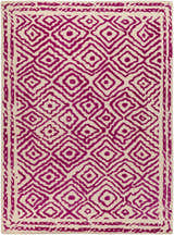 Close-up of Westhill Area Carpet. Hand-knotted wool rug with a fuchsia diamond pattern on a light beige background. Design-Rectangle-811