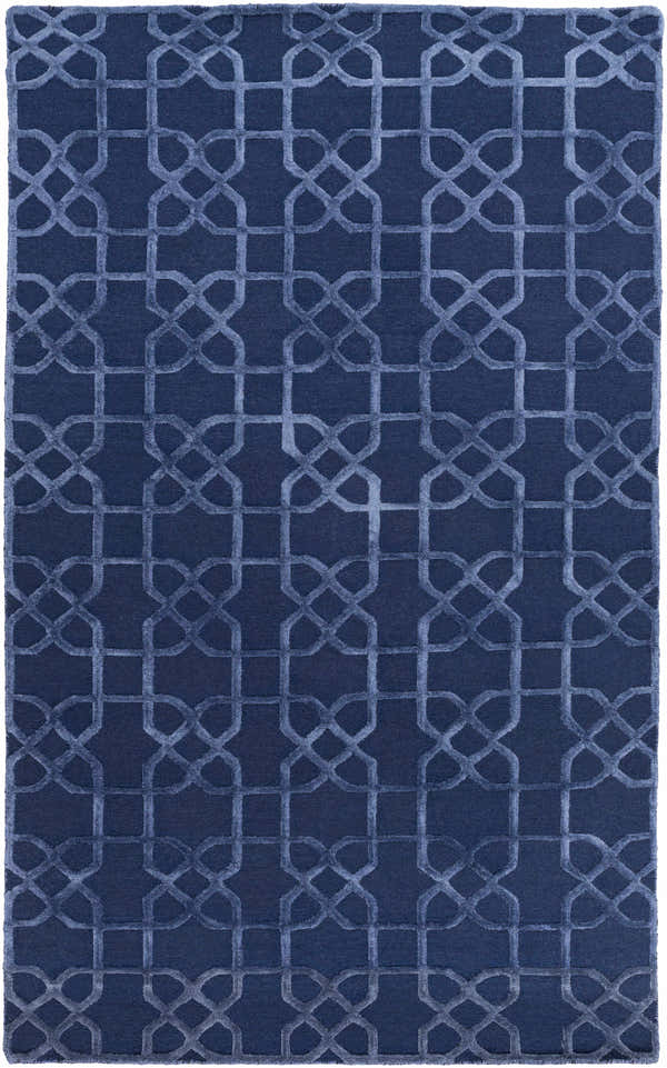 Close-up of the Westley Area Carpet. Hand-knotted 100% wool rug in navy blue with a geometric trellis pattern. Design-Rectangle