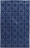 Close-up of the Westley Area Carpet. Hand-knotted 100% wool rug in navy blue with a geometric trellis pattern. Design-Rectangle