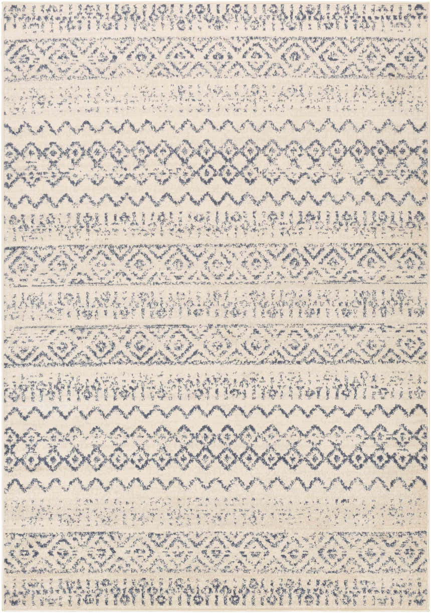 Close-up of the Westborough Beige Area Rug. Contemporary style with blue geometric patterns on a cream background. Design-Rectangle-5373