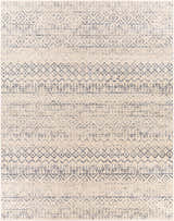 Close-up of the Westborough Beige Area Rug. Contemporary style rug with a beige base and blue geometric patterns. Design-Rectangle-71010