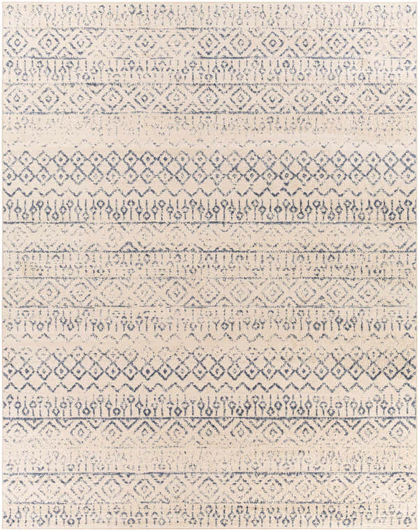 Close-up of the Westborough Beige Area Rug. Contemporary style rug with a beige base and blue geometric patterns. Design-Rectangle-71010