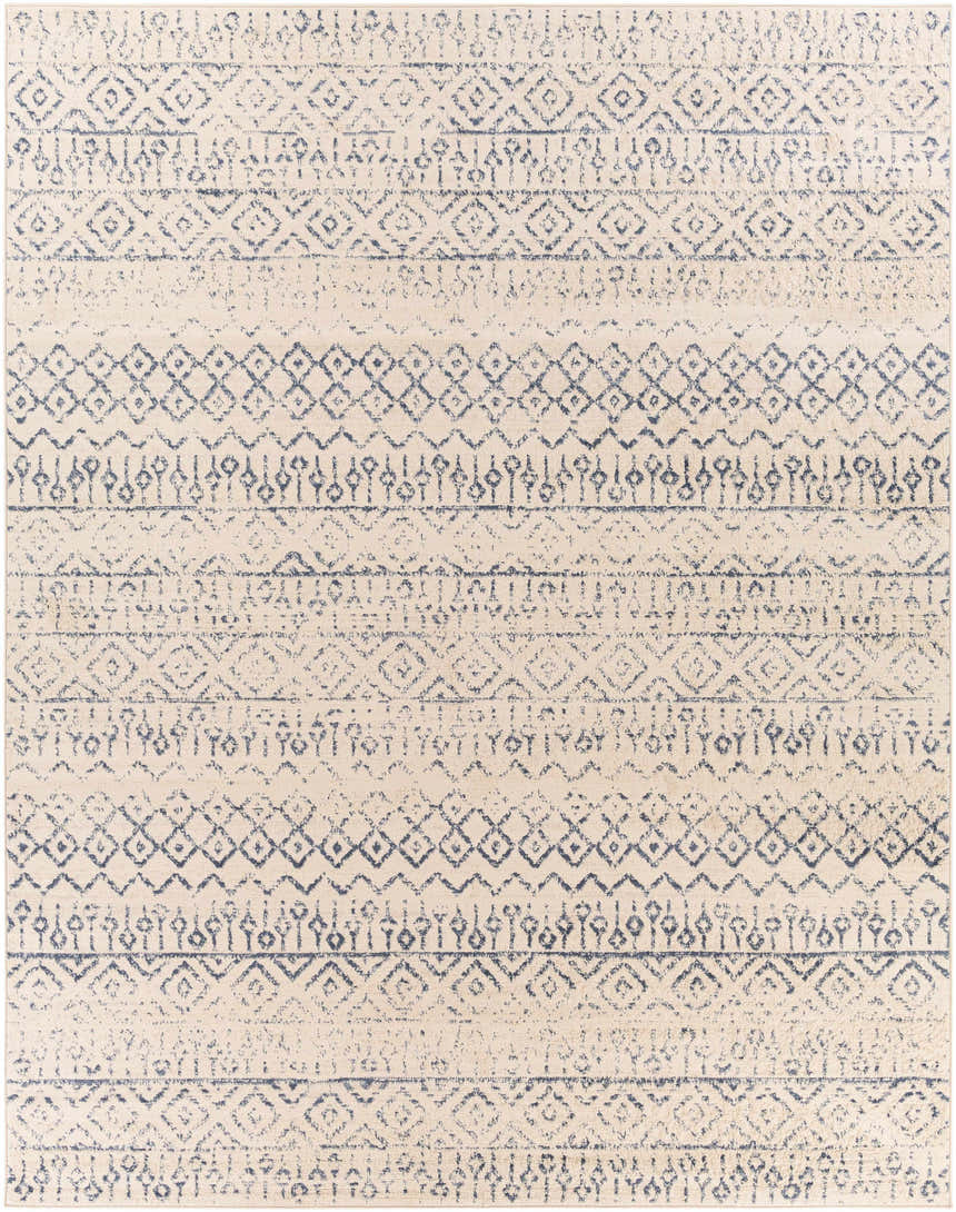 Close-up of the Westborough Beige Area Rug. Contemporary style rug with a beige base and blue geometric patterns. Design-Rectangle-71010