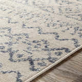 Close-up of the Westborough Beige Area Rug showing its subtle blue geometric pattern and soft, textured weave. Texture