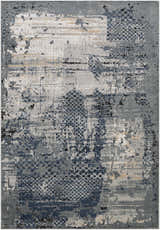 Close-up of the Waterboro Area Rug. Contemporary design in black, charcoal, blue, ivory, and gray. Machine woven texture. Design-Rectangle-5373