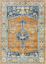 Close-up of Trotters Orange/Blue Performance Rug. Features a traditional, bohemian design with brick red, navy, and ivory colors. Design-Rectangle-5373