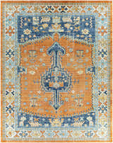 Detailed view of the Trotters Orange/Blue Performance Rug, showcasing its bohemian-inspired, traditional pattern and rich colors. Design-Rectangle-71010