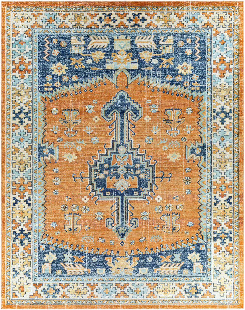 Detailed view of the Trotters Orange/Blue Performance Rug, showcasing its bohemian-inspired, traditional pattern and rich colors. Design-Rectangle-71010