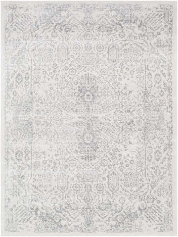 Close-up of the Waverton Area Rug. Machine-woven with a gray and white traditional, oriental-inspired pattern. Design-Rectangle-5371