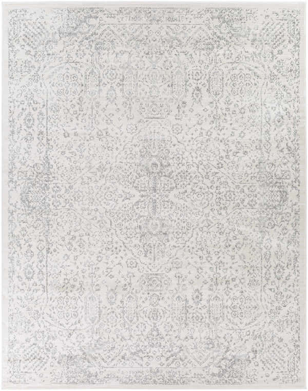 Close-up of the Waverton Area Rug. Gray and white oriental pattern, machine woven polypropylene rug. Design-Rectangle-71010