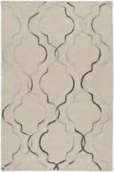 Close-up of the hand-woven Wycombe Area Carpet. Black and light gray trellis pattern on a taupe, 100% wool rug. Design-Rectangle