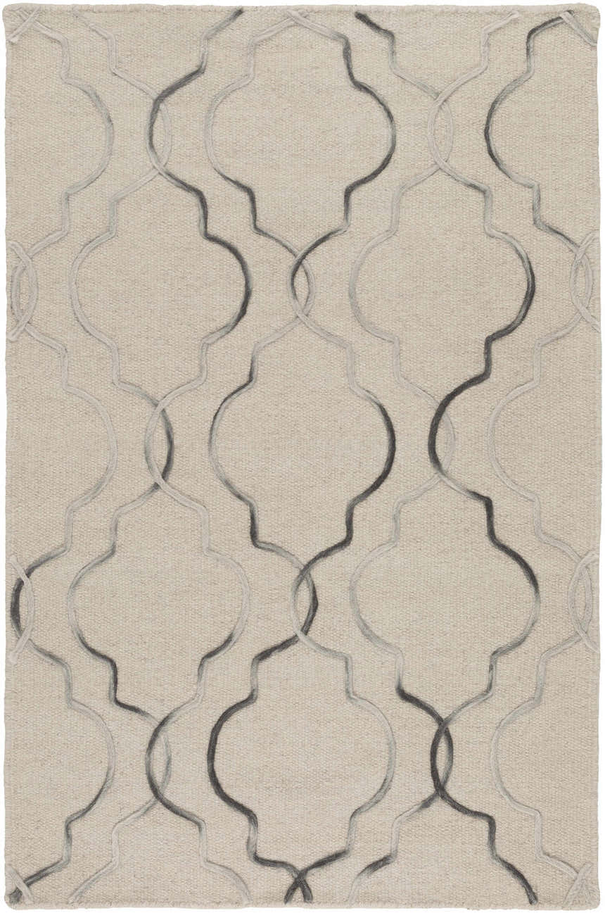 Close-up of the hand-woven Wycombe Area Carpet. Black and light gray trellis pattern on a taupe, 100% wool rug. Design-Rectangle