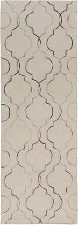 Close-up of Wycombe Area Carpet Rug. Hand-woven wool rug in light gray with a black and taupe quatrefoil pattern. Design-Runner-268