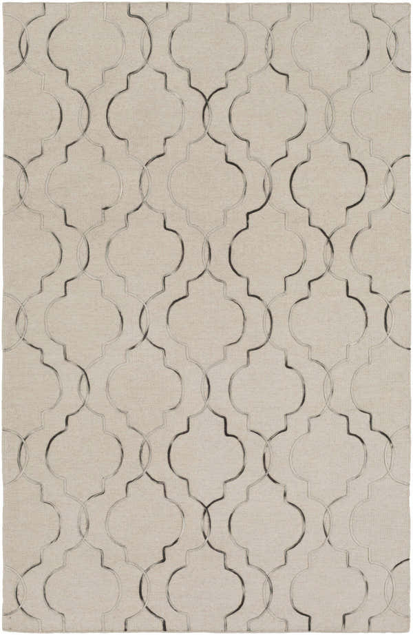 Close-up of the Wycombe Area Carpet Area Rug. Taupe wool rug with a black and light gray geometric trellis pattern. Design-Rectangle