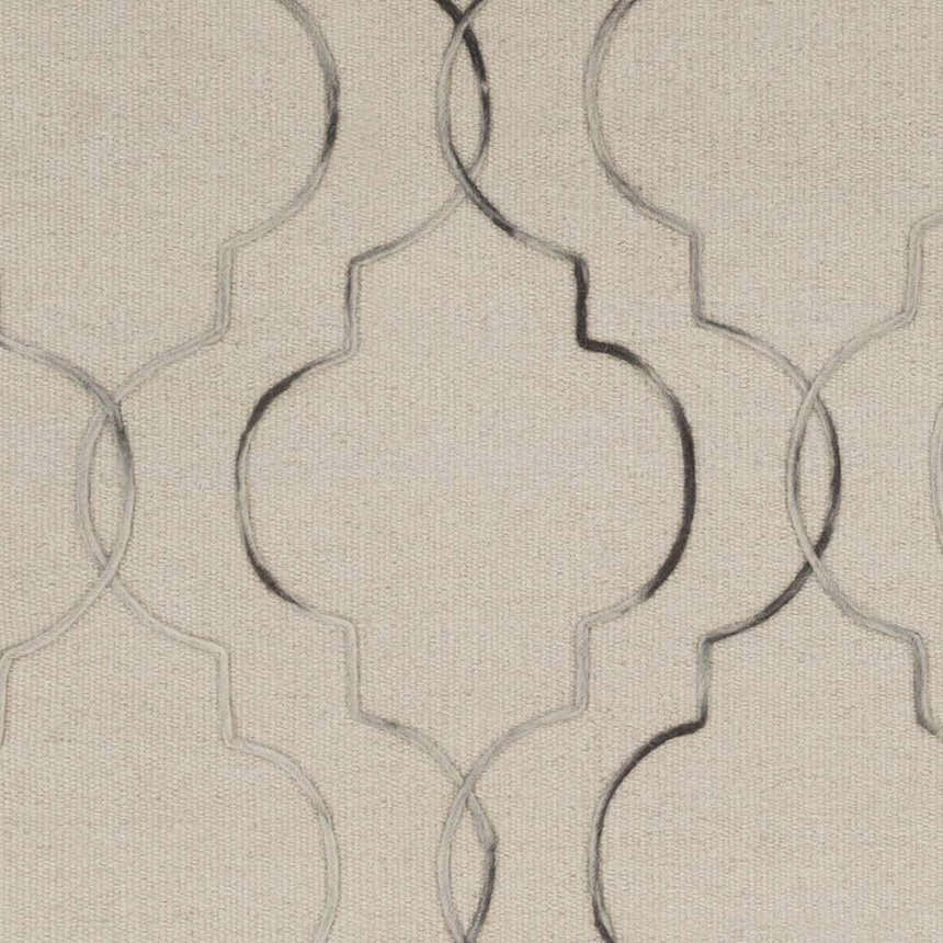 Close-up of the Wycombe Area Rug. Hand-woven wool rug with a black and light gray geometric pattern on a taupe background. Swatch