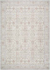 Close-up of the Xipil Area Rug. Traditional vintage design in dark red, ivory, and pale blue. Machine woven texture. Design-Rectangle