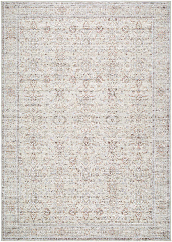 Close-up of the Xipil Area Rug. Traditional vintage design in dark red, ivory, and pale blue. Machine woven texture. Design-Rectangle