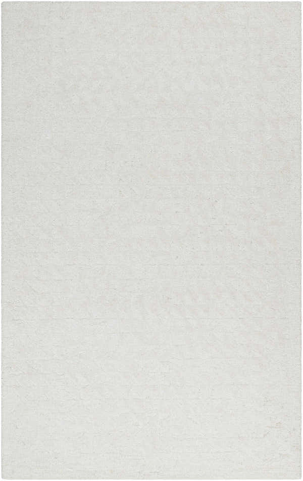 Close-up of the hand-tufted Xenon Area Rug. Light silver wool rug with subtle contemporary pattern and soft, plush texture. Design-Rectangle-58
