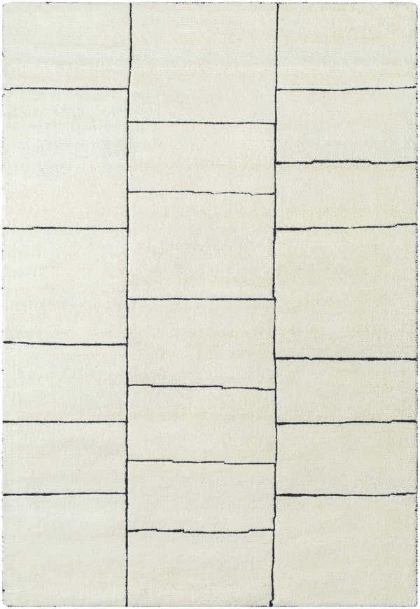 Close-up of the hand-tufted Xylia Ivory Area Rug. Pearl-colored, 100% wool rug with a contemporary block design. Design-Rectangle-576