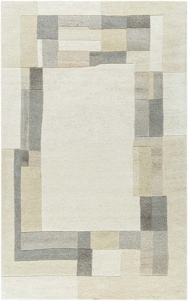 Close-up of the Xylon Area Rug. Hand-tufted wool rug in light silver, sage, silver gray, and warm gray geometric pattern. Design-Rectangle-58