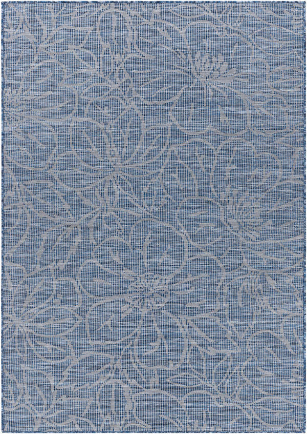 Close-up of the Yackandandah Flatweave Area Rug. Blue rug with a light gray floral pattern and a textured, woven look. Design-Rectangle-537