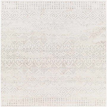 Close-up of the Yamanto Area Rug. Bohemian style rug with gray geometric patterns on a light gray and white background. Design-Square-67