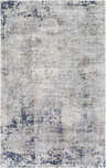 Close-up of the Yandina Area Rug showing its contemporary gray, navy, and beige distressed pattern. Viscose, hand-loomed texture. Design-Rectangle-576