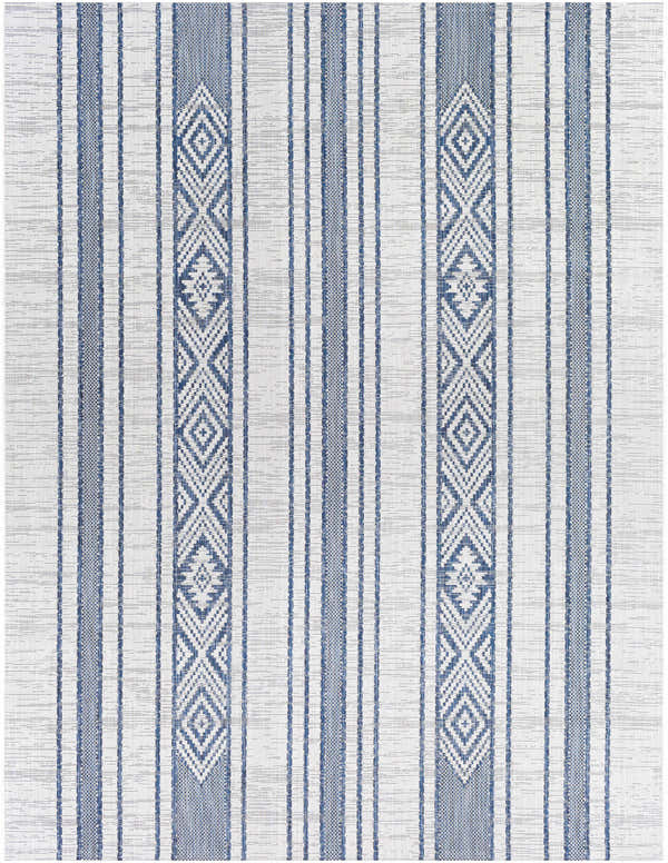 Close-up of the Yankalilla Area Rug: dark blue stripes and geometric diamond pattern on off-white polypropylene. Design-Rectangle-710102