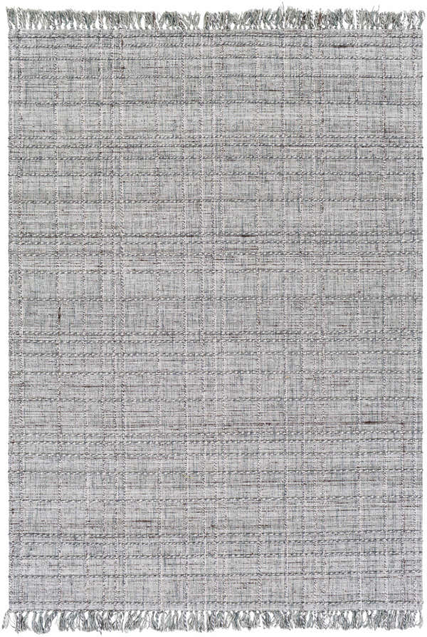 Close-up of the hand-loomed Yatala Area Rug; a contemporary rug in shades of gray, ivory, and brown with fringe detail. Design-Rectangle-576