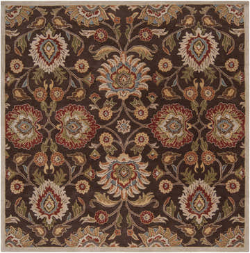 Close-up of the Conesus Hand Tufted Brown 1051 Area Rug. Features a floral pattern in brick red, brown, and beige on a dark brown wool. Design-Square-8