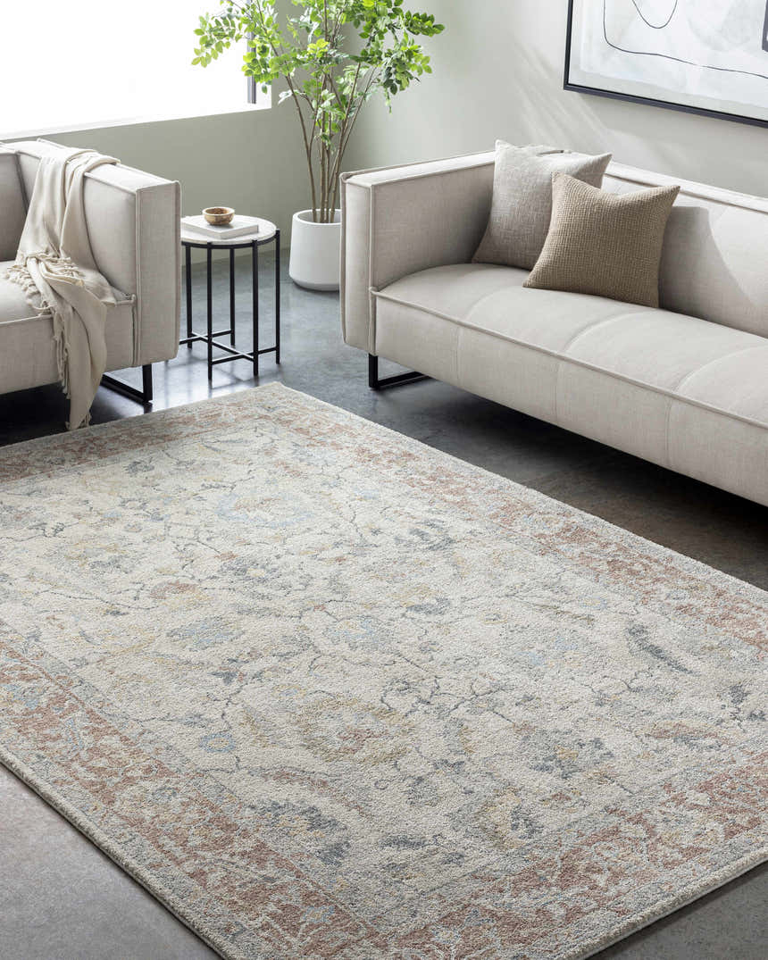 Living room scene with a Yetta Beige Thick Luxe Area Rug, neutral sofa, and modern decor. Roomscene-Rectangle