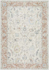 Close-up of the Yetta Beige Thick Luxe Area Rug with a traditional floral pattern and a rust-colored border. Design-Rectangle-679