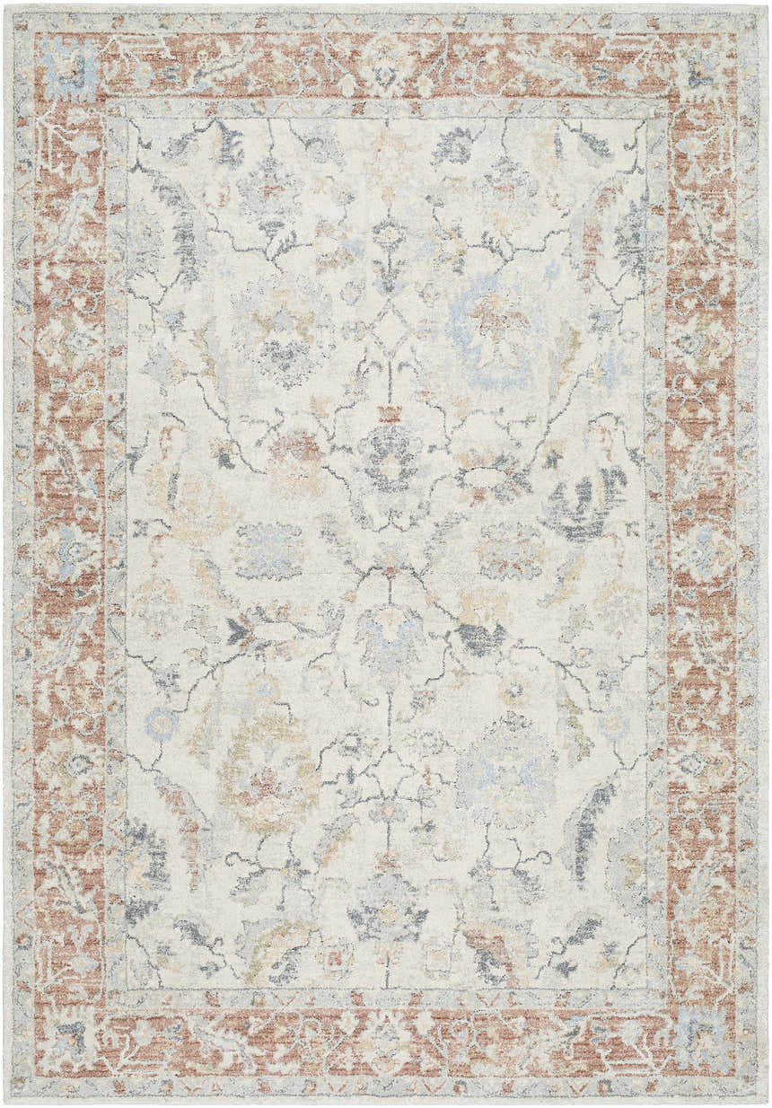 Close-up of the Yetta Beige Thick Luxe Area Rug with a traditional floral pattern and a rust-colored border. Design-Rectangle-679
