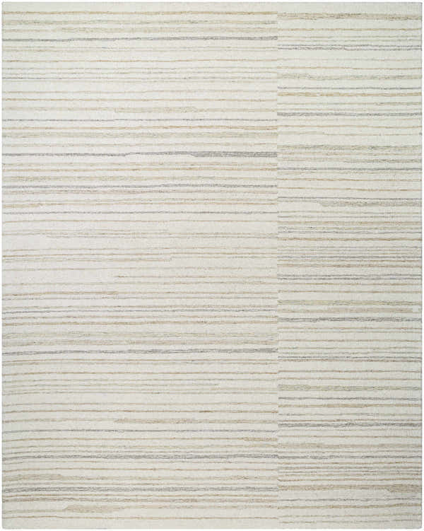 Close-up of Yuuta Modern Wool Rug. Hand-tufted, light silver and warm gray stripes create a contemporary rectangular design. Design-Rectangle-810