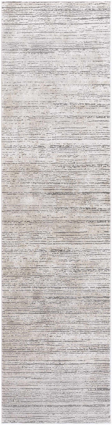 Close-up of the Yemassee Tibetan Striped Area Rug. Charcoal, ivory, medium gray, and tan stripes create a textured look. Design-Runner-2710