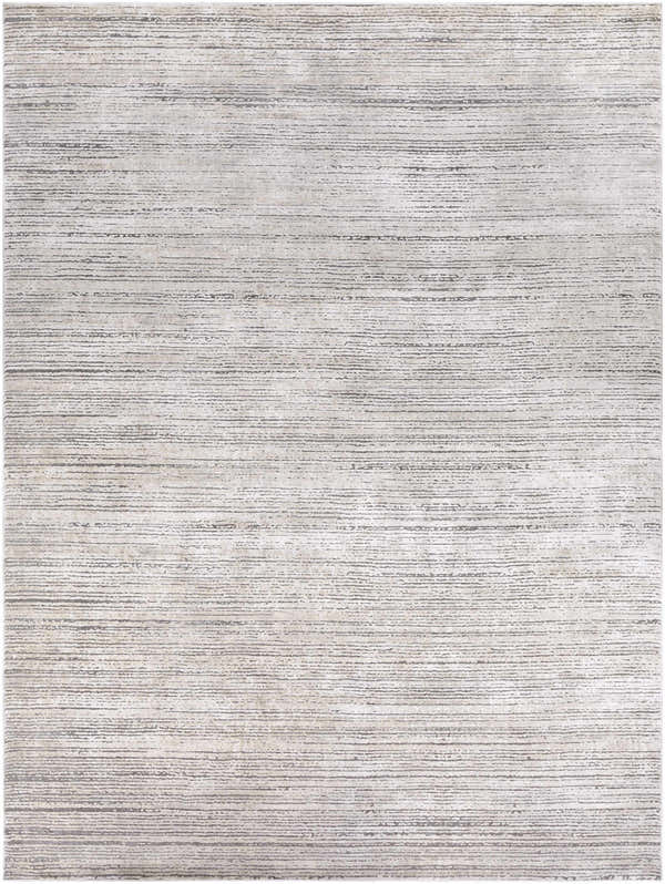 Close-up of the Yemassee Tibetan Striped Area Rug. Charcoal, ivory, medium gray, and tan stripes create a textured, modern look. Design-Rectangle-710103