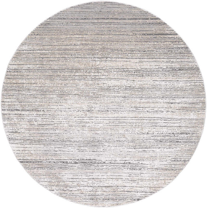 Close-up of round Yemassee Tibetan Striped Area Rug. Charcoal, ivory, gray, and tan horizontal stripes. Design-Round-710