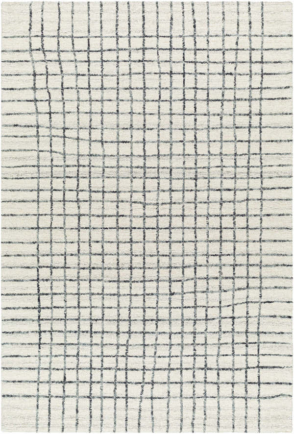 Close-up of the Yates White Grid Wool Area Rug featuring a hand-tufted, contemporary grid pattern. Design-Rectangle-576