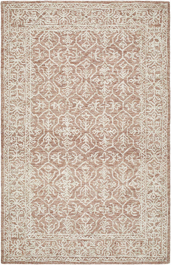 Close-up of the Yadid Brown Wool Area Rug featuring a traditional, floral-inspired pattern in tan and pearl hues. Design-Rectangle-576