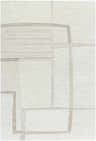Close-up of the Yuuto Area Rug featuring a contemporary geometric design in ivory and denim. Hand-tufted wool texture. Design-Rectangle-576