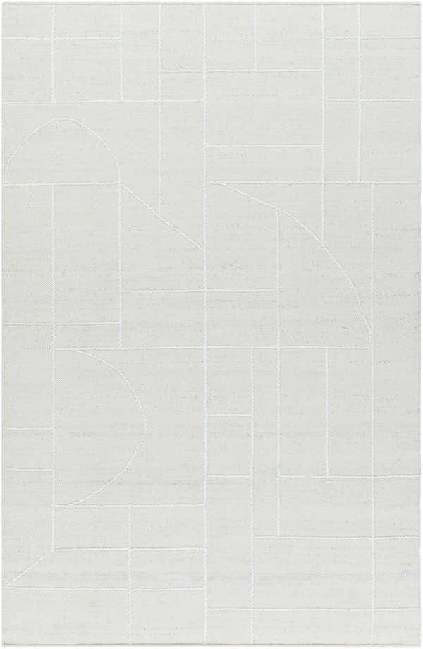 Close-up of the Yvian Area Rug. Light silver wool rug with a geometric pattern of lines and shapes. Hand woven texture. Design-Rectangle-576