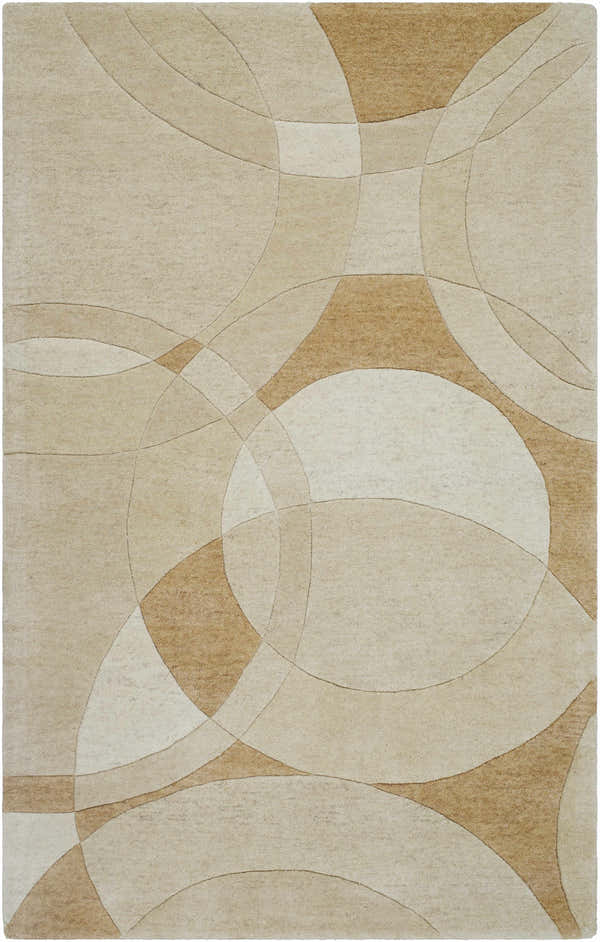 Close-up of the Yaxha Modern Wool Rug. Camel, tan, and warm gray circles create a contemporary geometric pattern. Design-Rectangle-58