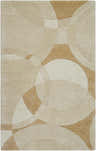 Close-up of the Yaxha Modern Wool Rug. Camel, tan, and warm gray circles create a contemporary geometric pattern. Design-Rectangle-58