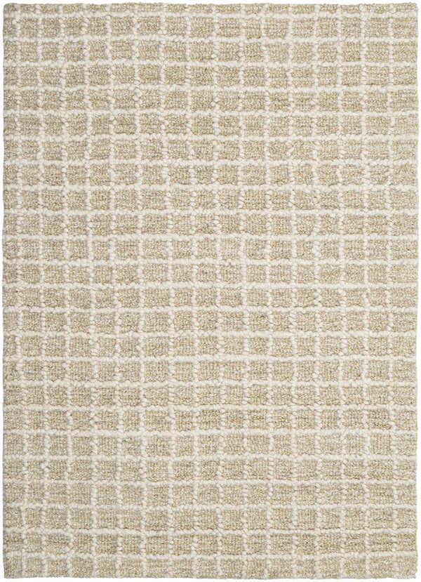 Close up of the hand tufted Yeong Area Rug. Ash, pearl, and tan wool rug with a contemporary square pattern. Design-Rectangle-23