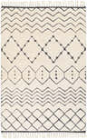 Close-up of the Yoogali 3D Wool Rug, featuring a cream color and black geometric Moroccan-inspired pattern with tassels. Design-Rectangle-69